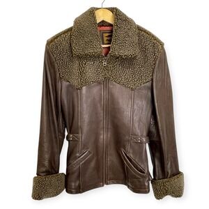 Vintage Fox Run Brown Leather Faux Shearling Jacket Womens XS Western Aviator